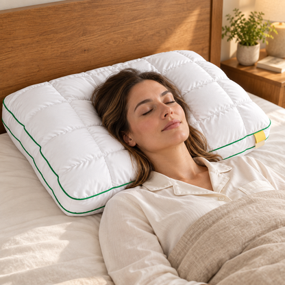 Quilted Fiber Pillow with Green Piping