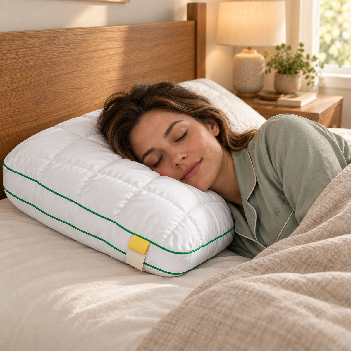 Quilted Fiber Pillow with Green Piping